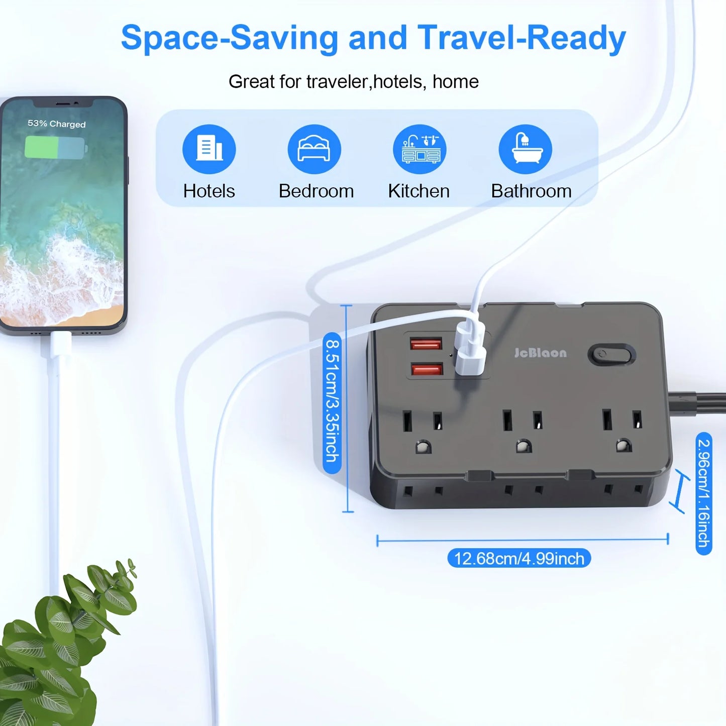 Surge Protector Ultra Thin Flat US Plug with 6 Widely Outlets 4 USB Ports