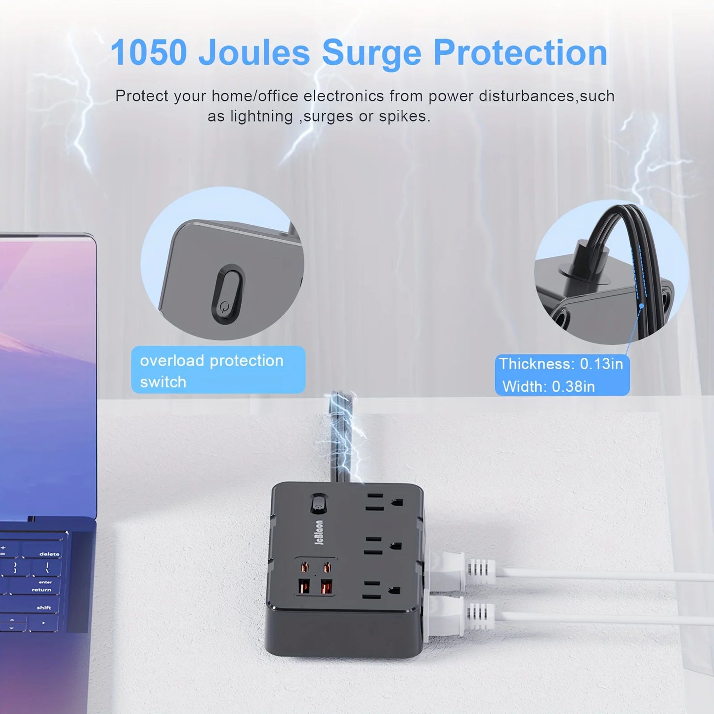 Surge Protector Ultra Thin Flat US Plug with 6 Widely Outlets 4 USB Ports