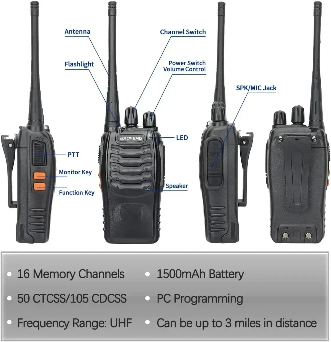 6Pcs BF 888S Walkie Talkie UHF 400 470MHz Long Range Two Way Ham Radios Transceiver