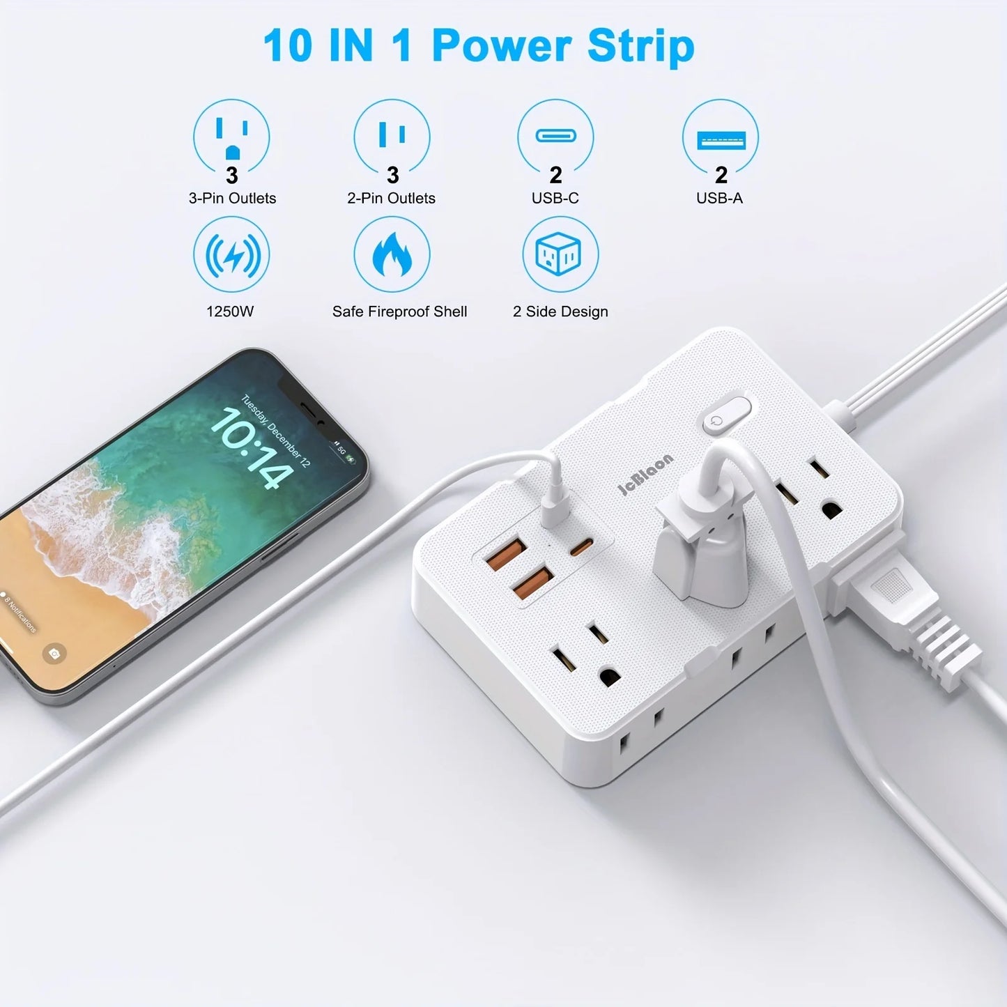 Surge Protector Ultra Thin Flat US Plug with 6 Widely Outlets 4 USB Ports