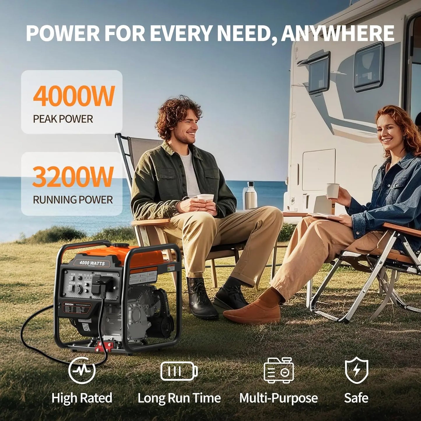 4000W Portable Inverter Generator, Gas Powered Open Frame Design