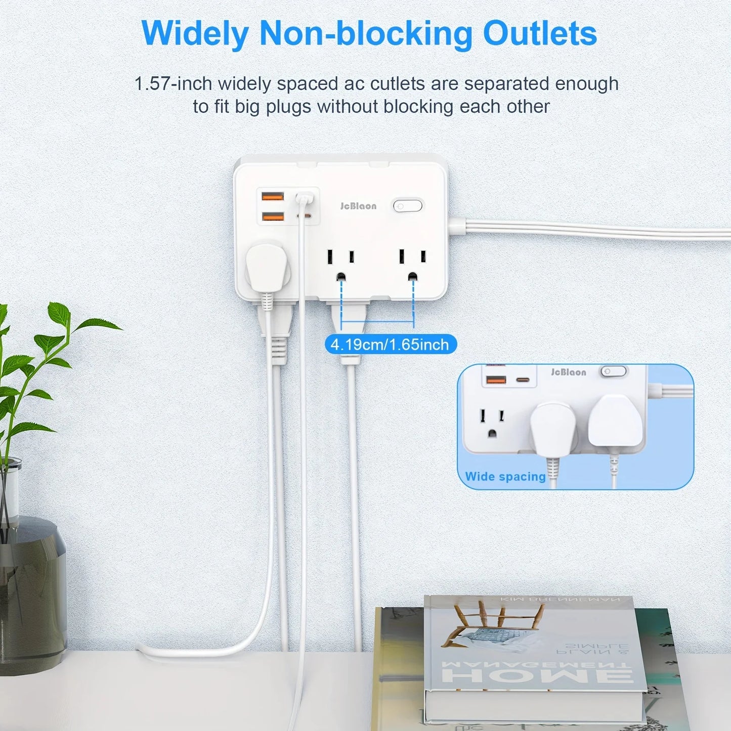 Surge Protector Ultra Thin Flat US Plug with 6 Widely Outlets 4 USB Ports