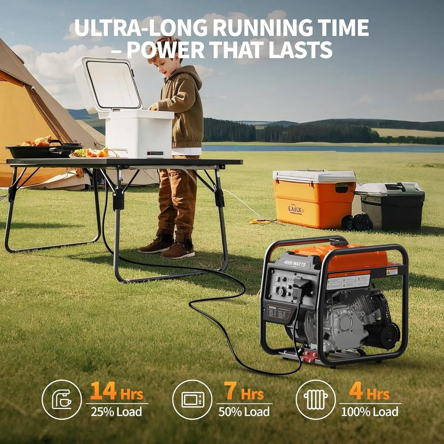 4000W Portable Inverter Generator, Gas Powered Open Frame Design