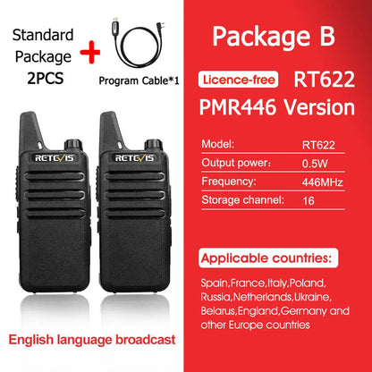 RETEVIS RT622 Walkie Talkie Mini 2 pcs PMR 446 Portable Two-way Radio