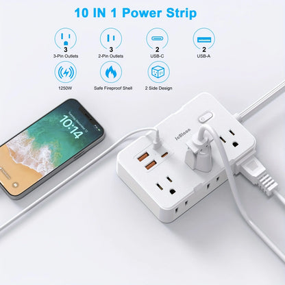 Surge Protector Ultra Thin Flat US Plug with 6 Widely Outlets 4 USB Ports