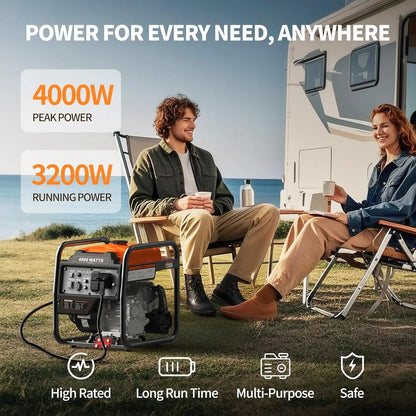 4000W Portable Inverter Generator, Gas Powered Open Frame Design