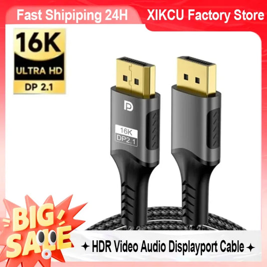 XIKCU 16K DP 2.1 8K@120Hz 4K@240Hz 80Gbps HDR Video Audio Displayport Cable Display Port for Laptop TV Projector Gaming Monitor