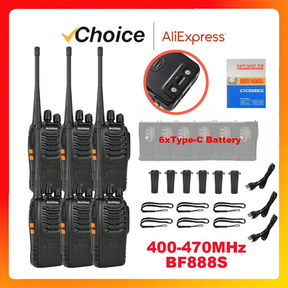 6Pcs BF 888S Walkie Talkie UHF 400 470MHz Long Range Two Way Ham Radios Transceiver