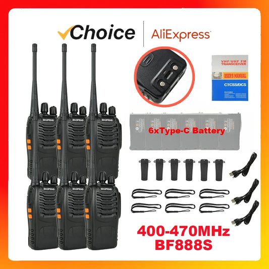 6Pcs BF 888S Walkie Talkie UHF 400 470MHz Long Range Two Way Ham Radios Transceiver