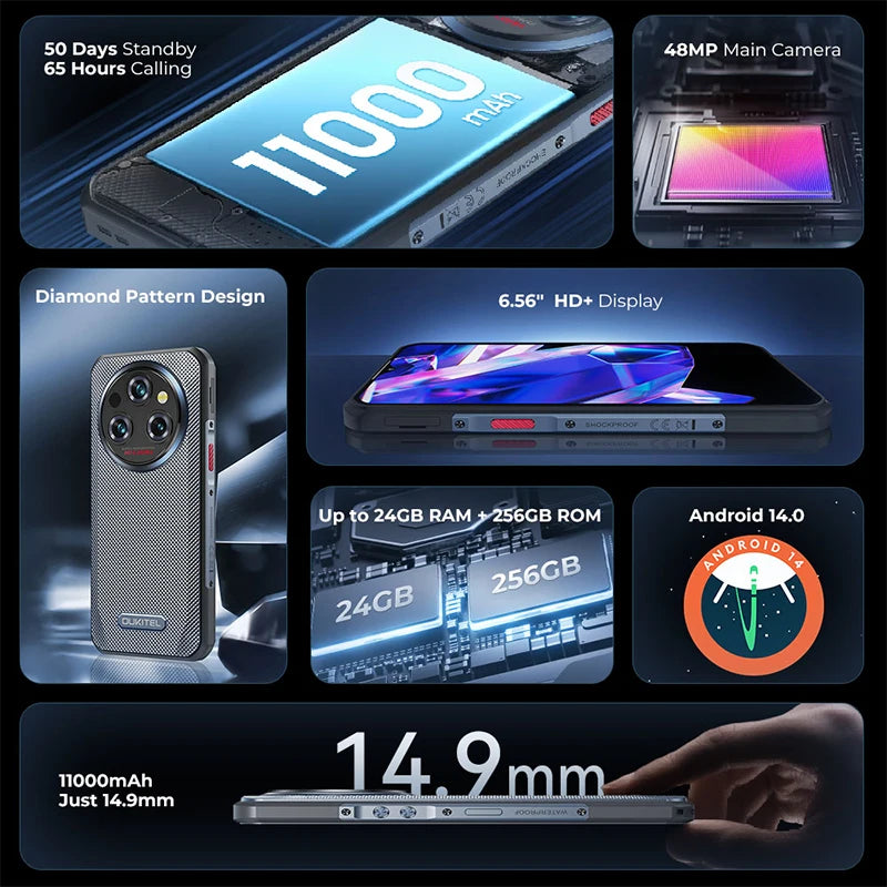 Rugged Phone 6Gb+256Gb 11000Mah Android Cell Phones