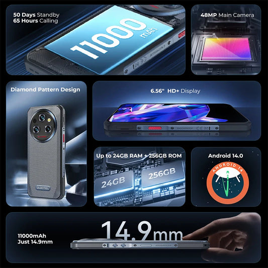 Rugged Phone 6Gb+256Gb 11000Mah Android Cell Phones