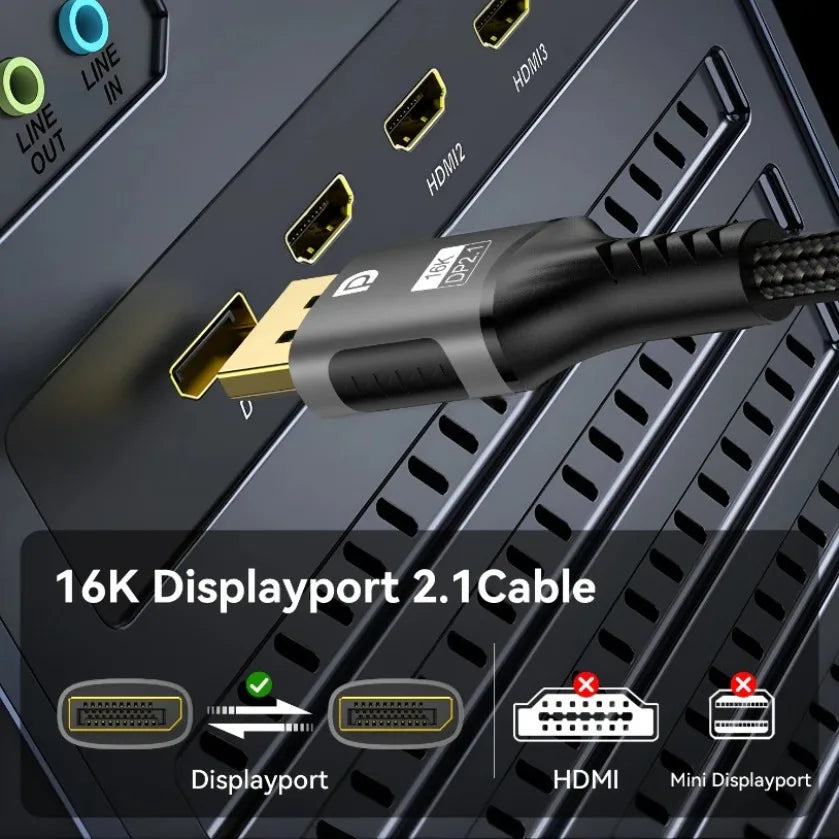 XIKCU 16K DP 2.1 8K@120Hz 4K@240Hz 80Gbps HDR Video Audio Displayport Cable Display Port for Laptop TV Projector Gaming Monitor